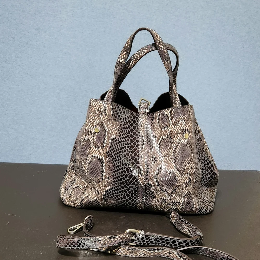 Sondra Roberts Brown and Tan Snakeskin-Print Shoulder Bag